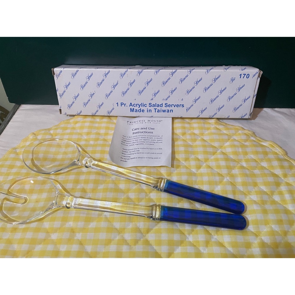 Princess House Acrylic Salad Servers Set Clear Sapphire Blue Handles Vintage 170